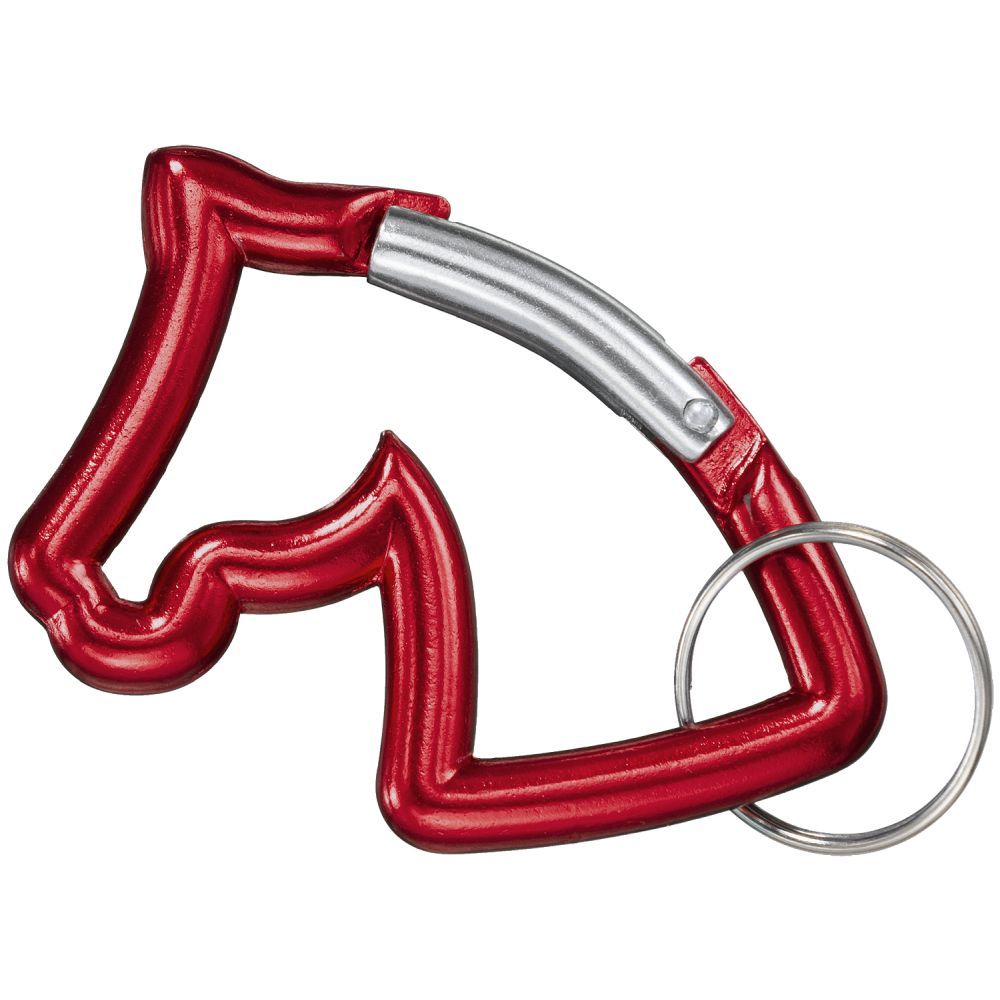 Red carabiner keychain with a silver ring on a white background
