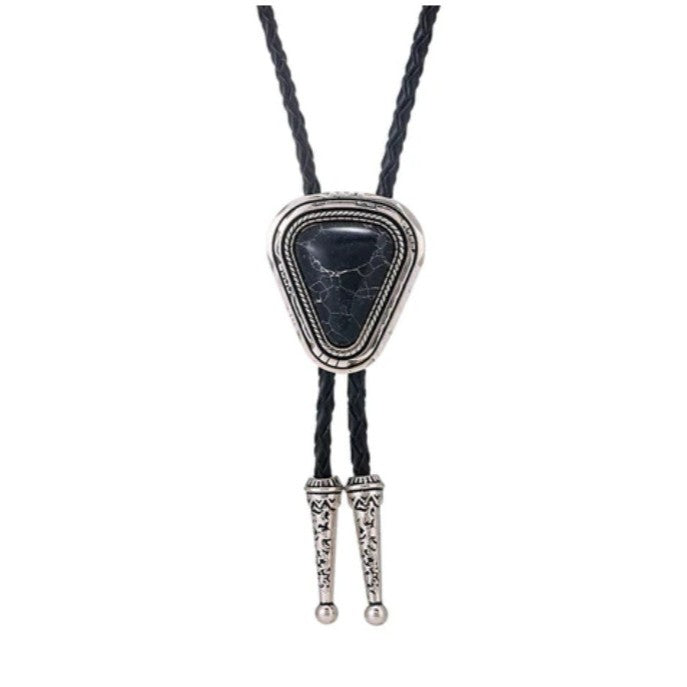 Western Cowboy Bolo Tie Necklace with black stone and silver metal.