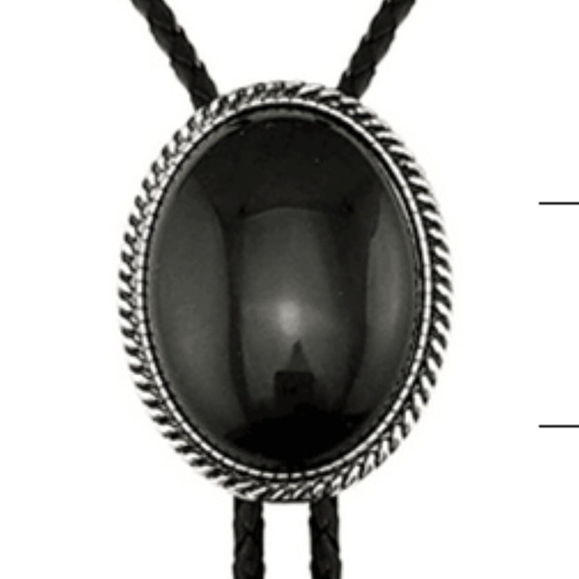 Black stone pendant on a Western Cowboy Bolo Tie Necklace.