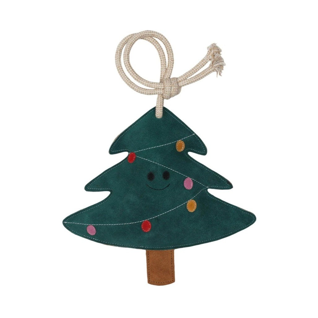 TuffRider Horse Toy with Decorative Christmas tree ornaments and lights on a cotton jute rope for hanging in the stall or paddock.