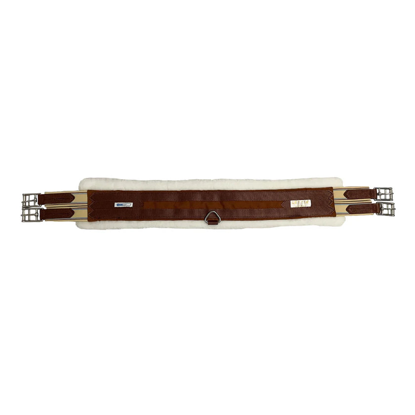A brown fleece lined Léttia CoolMAX girth with roller buckles and a central D-ring, designed for horses.