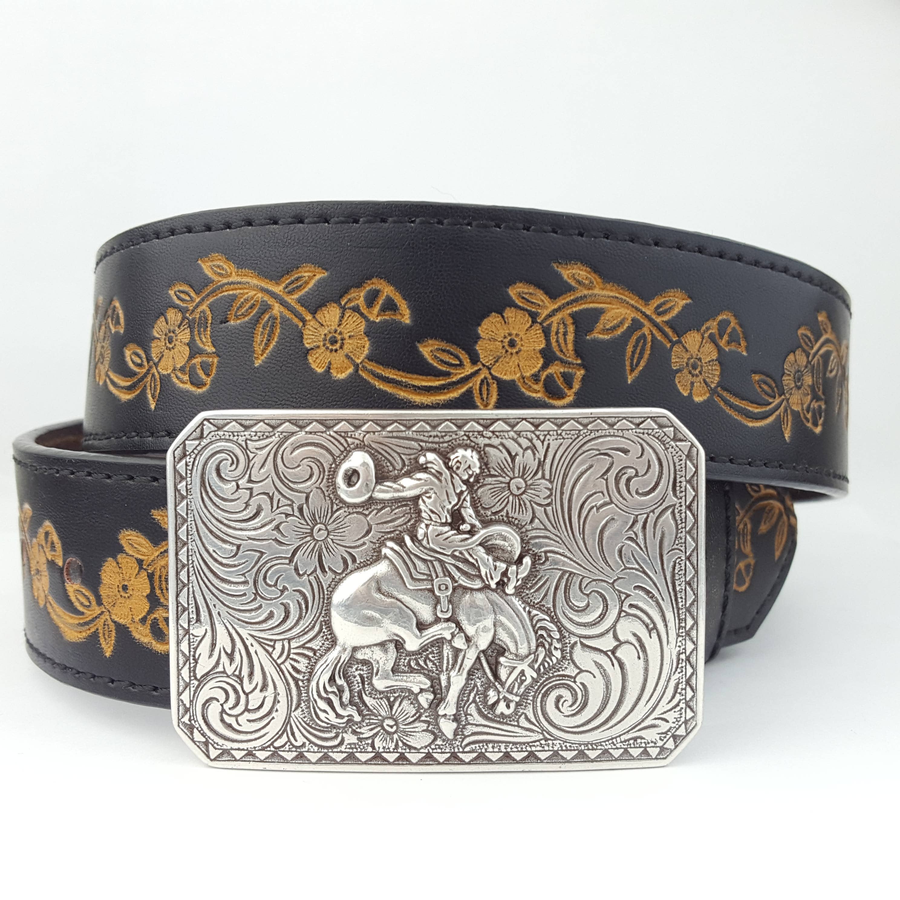 Axesoria West - Silver Rodeo Buckle with Vintage floral tooled belt