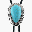 Turquoise stone on a Western Cowboy Bolo Tie Necklace with silver frame on a white background