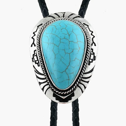 Turquoise stone on a Western Cowboy Bolo Tie Necklace with silver frame on a white background