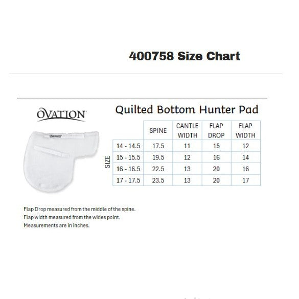 Ovation® Quilted Bottom Hunter Pad size chart with details on how to measure.