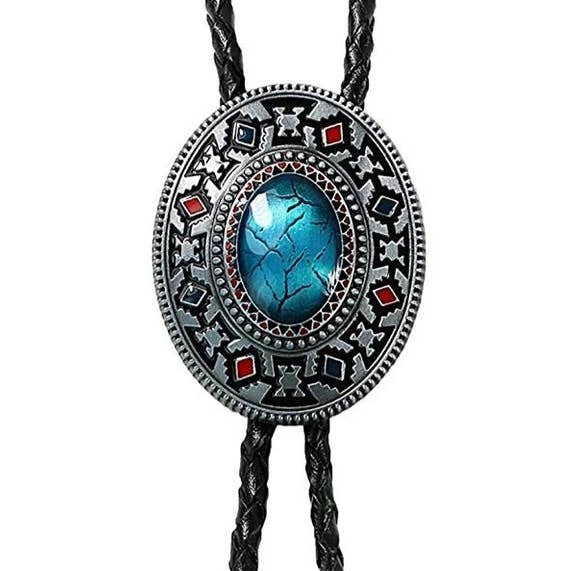 Western Cowboy Bolo Tie Necklace with turquoise stone and black cord .