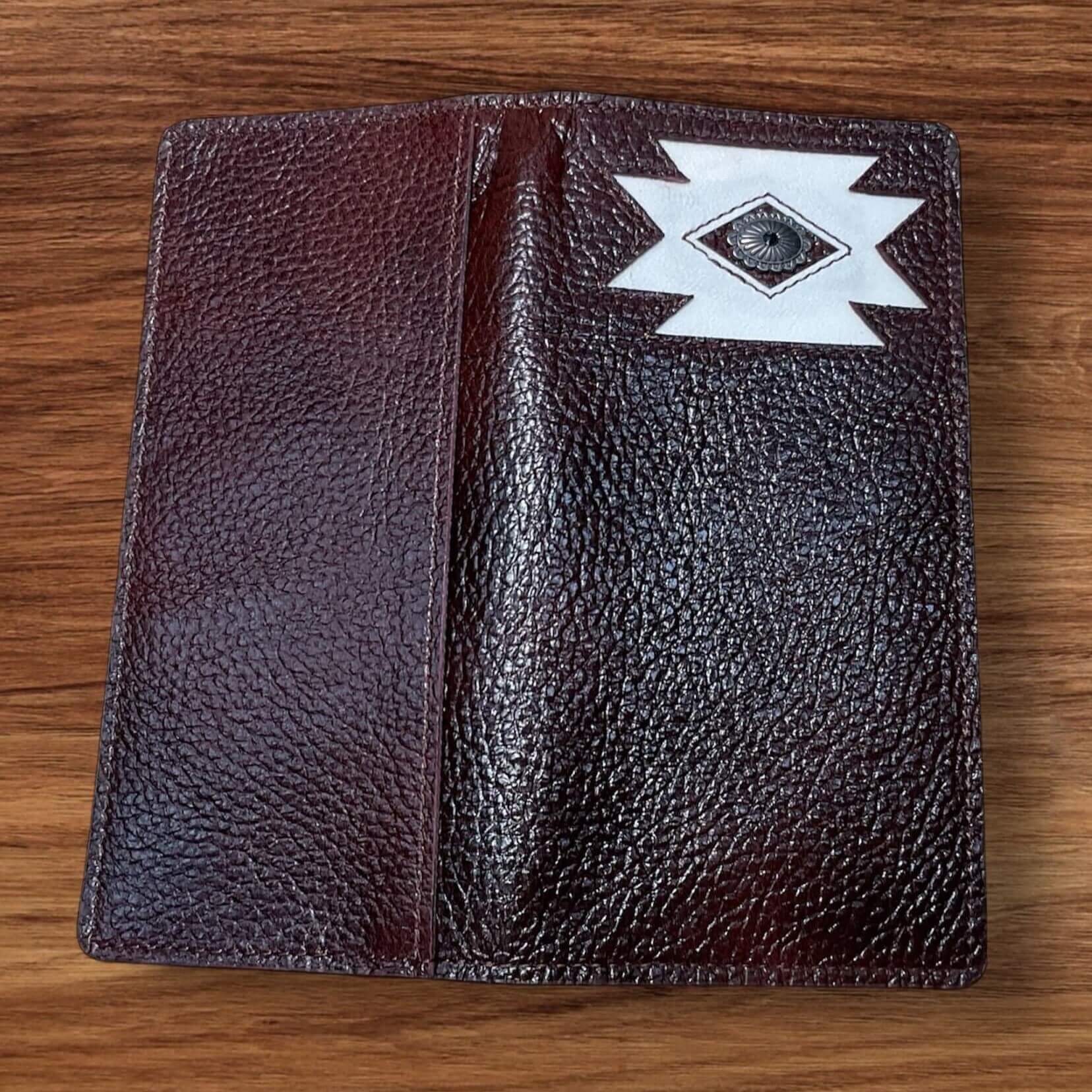 HorseHairz Equestrian Mahogany leather bifold checkbook open to show outside