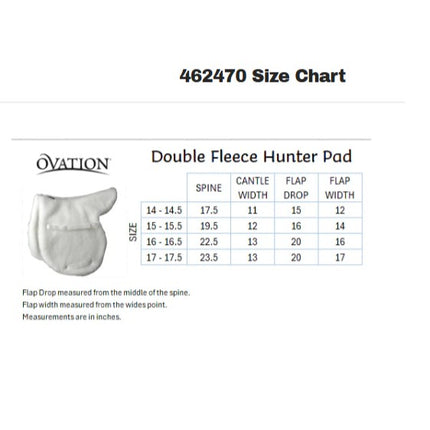 Ovation® Fleece Hunter Saddle Pad size chart and details for measurements. 