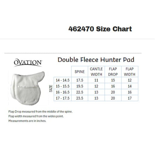 Ovation® Fleece Hunter Saddle Pad size chart and details for measurements. 