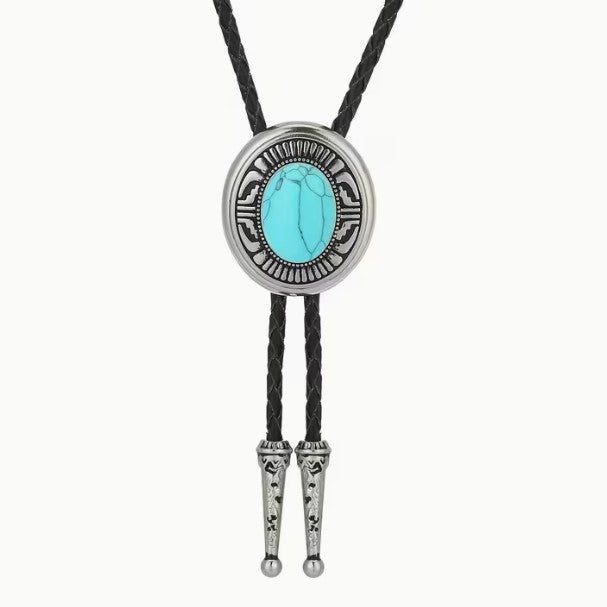 Western Cowboy Bolo Tie Necklace with turquoise stone and silver accents.
