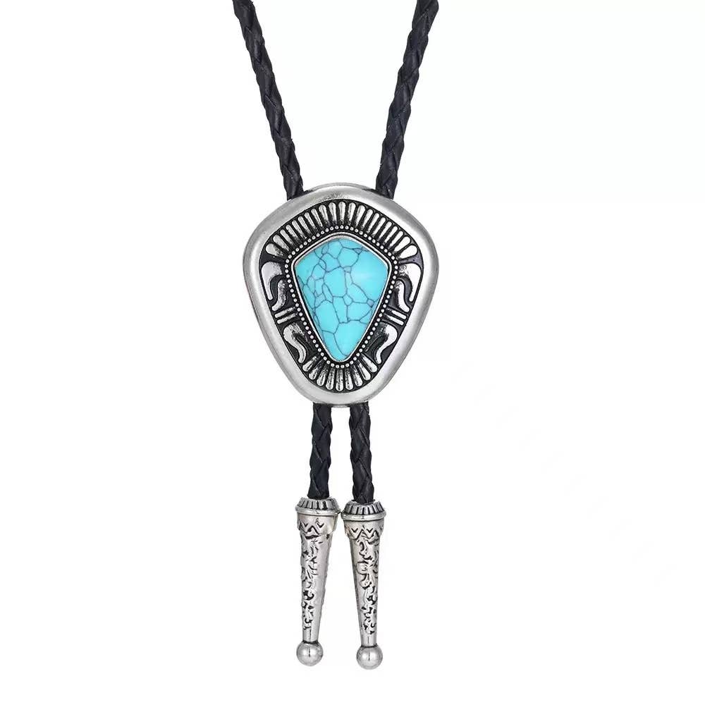on a Western Cowboy Bolo Tie Necklace with turquoise stone and silver accents on a white background