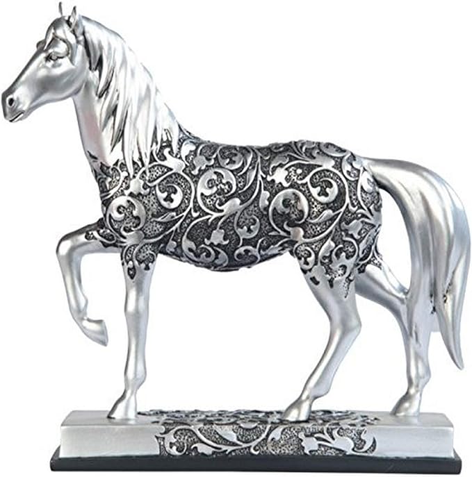 KHS EXCHANGE Silver Toned Engraved Horse Trotting Statue, 7.25