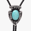 Turquoise stone on a Western Cowboy Bolo Tie Necklace with silver detailing on a white background