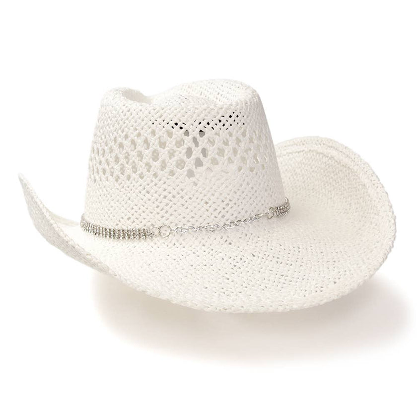 WE White Straw Western Hat w/ Rhinestone Band