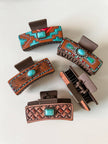 Boho Ranch Shop - Western Faux Embossed Leather Hair Clip Claw turquoise stone