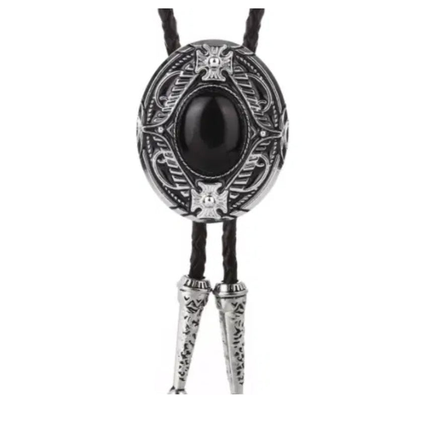 Black and silver on a Western Cowboy Bolo Tie Necklace on a white background