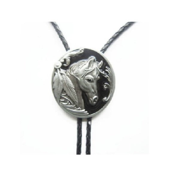 Silver horse head on a Western Cowboy Bolo Tie Necklace.