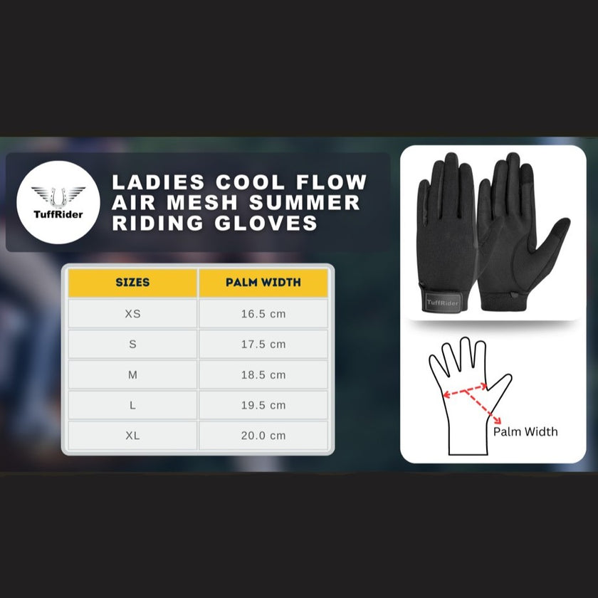 TuffRider® Ladies Cool Flow Air Mesh Summer Riding Gloves Size Chart