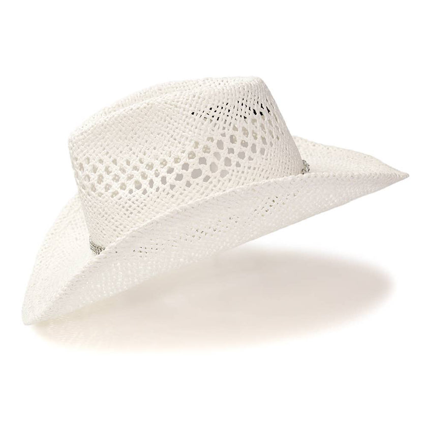 WE White Straw Western Hat w/ Rhinestone Band