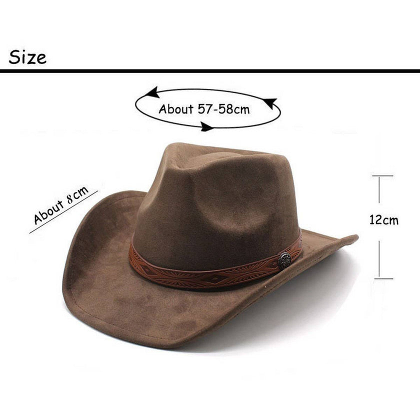 ACCITY - Unisex Rolled Brim Jazz Simple Suede Ethnic Hat Brown showing measurements