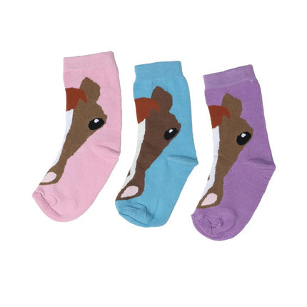 Three pairs of AWST Int'l Youth Horse Face Crew socks in pink, blue, and purple on a white background.