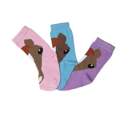 Three pairs of socks with horse designs in pink, blue, and purple on a white background.