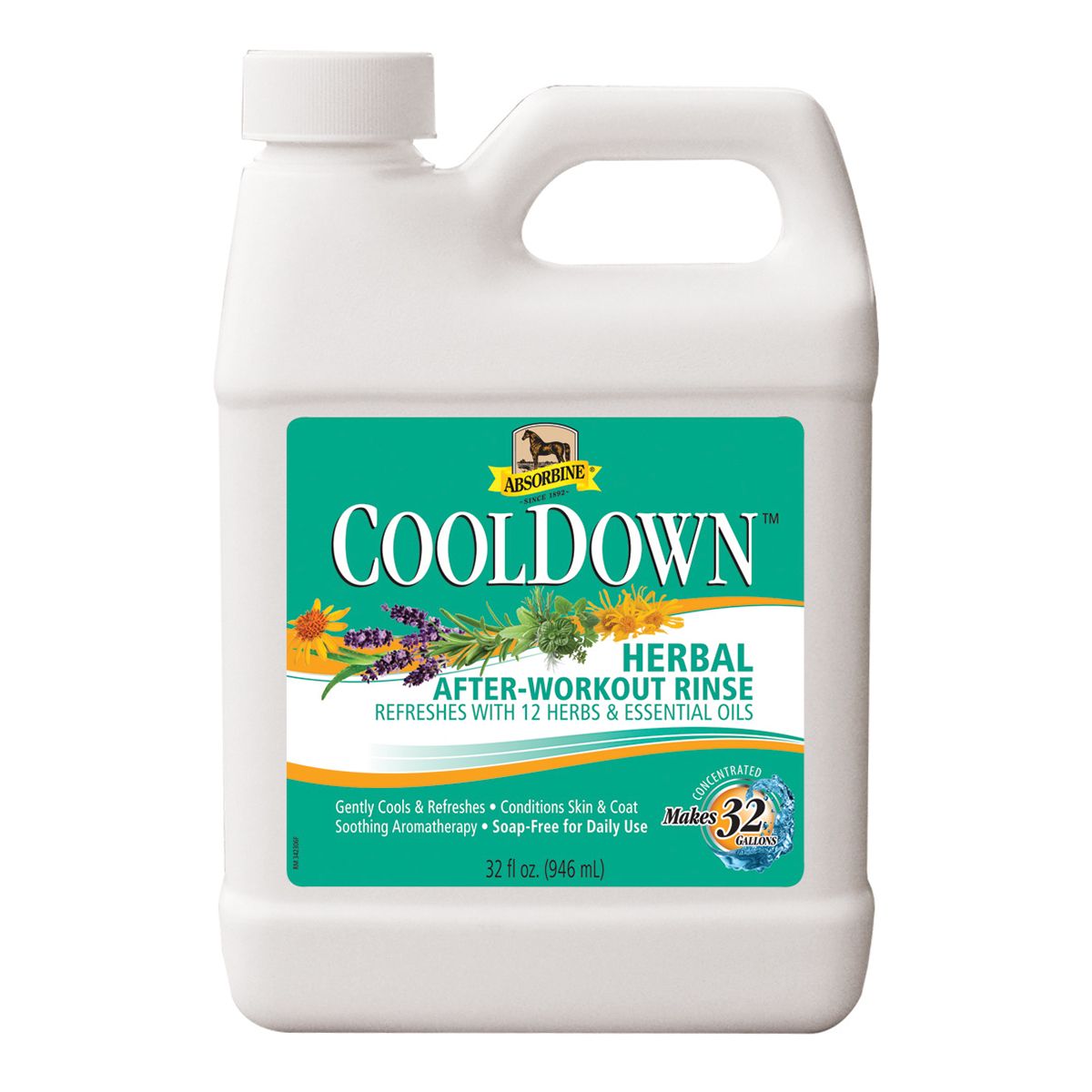 A 32 ounce bottle of Absorbine Cooldown Herbal After-Workout Rinse for horses, with a label showing the product name and a green and yellow color scheme.