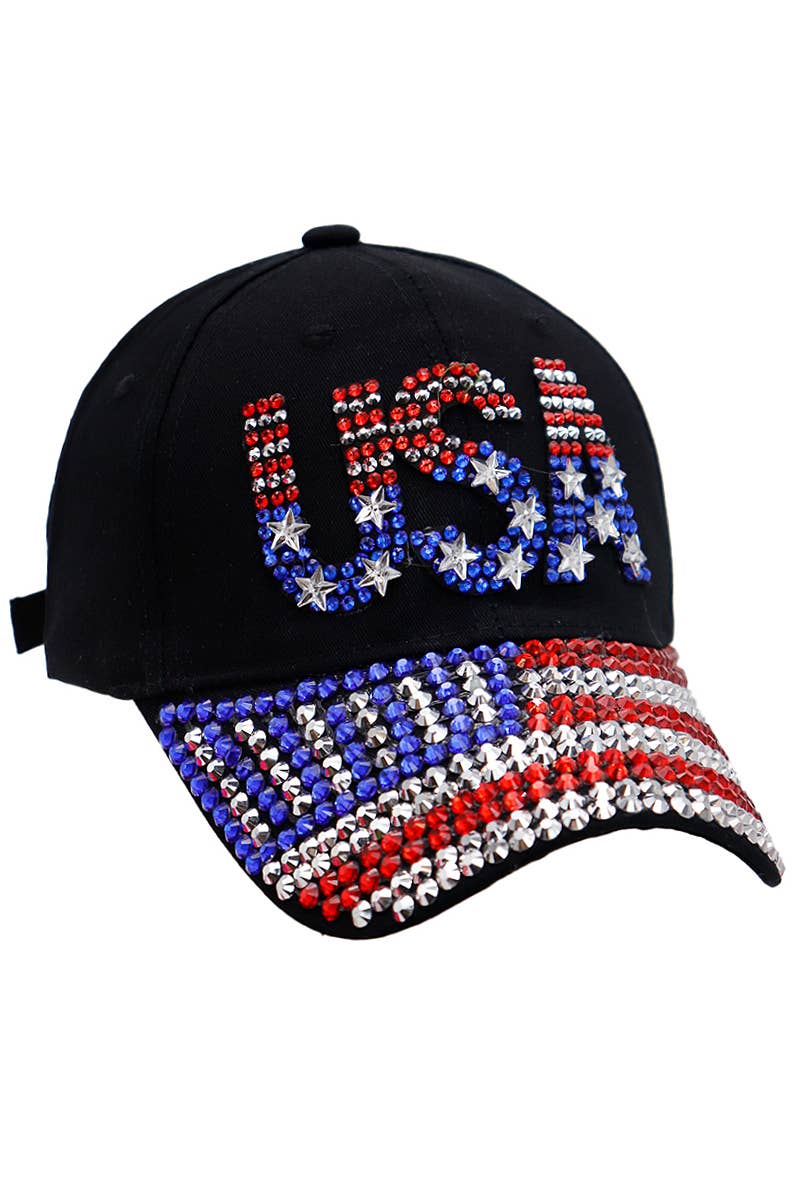 American Flag Bling Rhinestone Baseball Cap Black