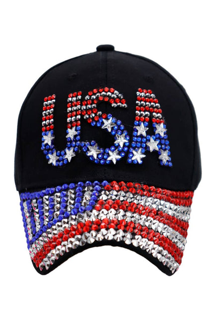 American Flag Bling Rhinestone Baseball Cap front view