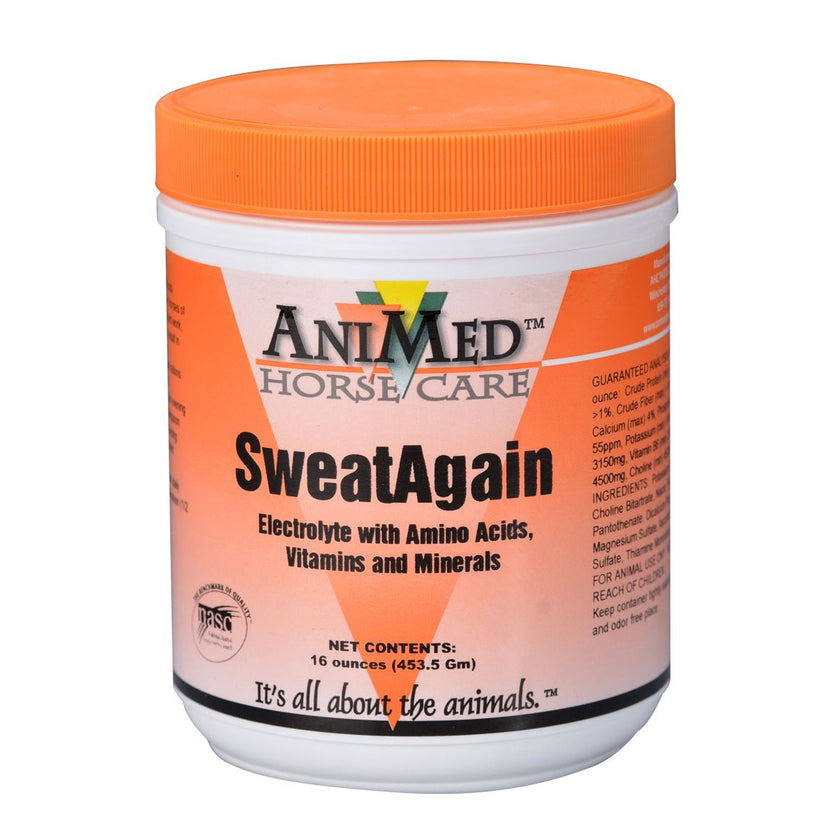 AniMed Sweat Again electroyte for Horses in orange and white plastic 16 ounce jar   