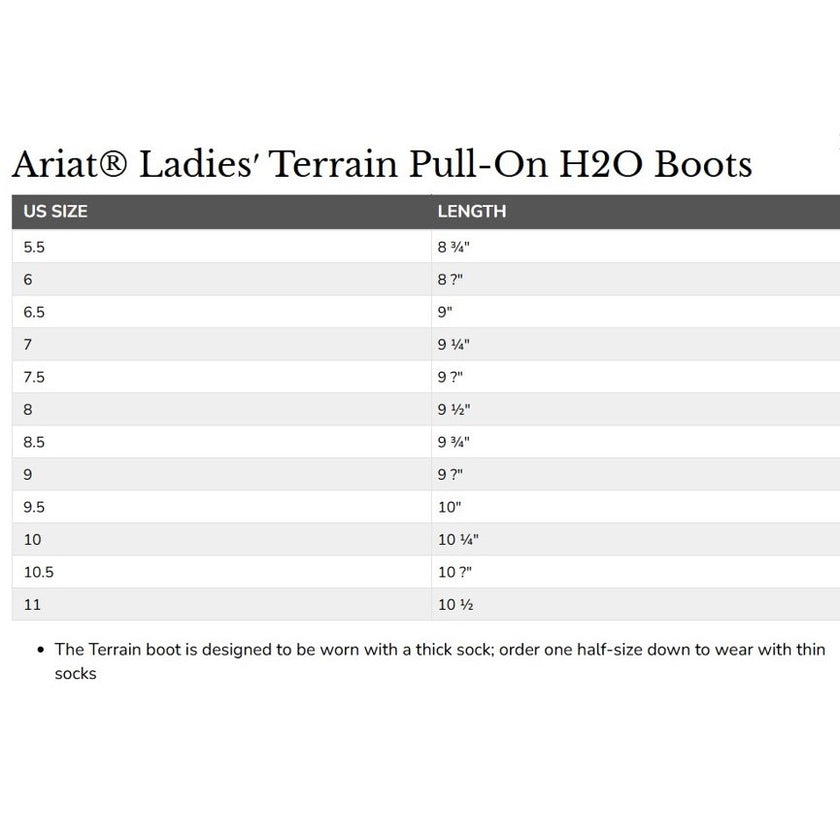 Ariat® Ladies Terrain Pull-On Waterproof Boots Size Guide