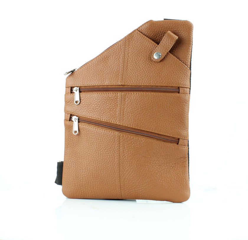 Asymmetrical Cowhide Zip Front Crossbody Bag Brown front view