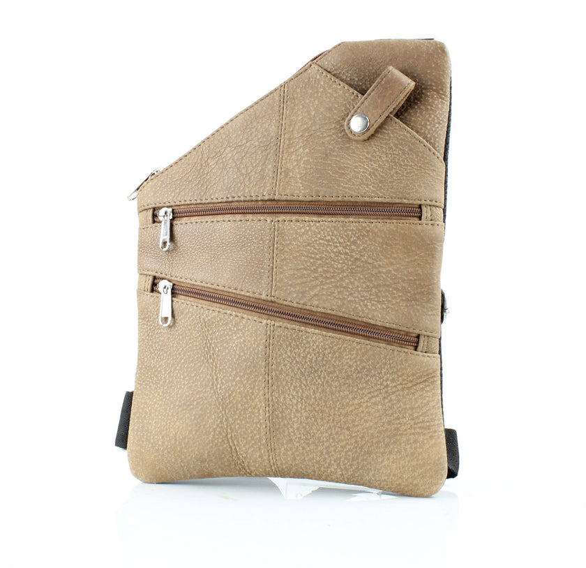 Asymmetrical Cowhide Zip Front Crossbody Bag tan front view