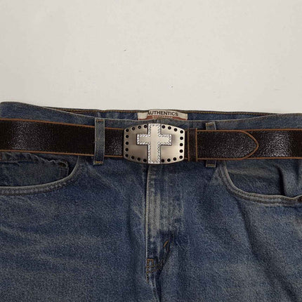 Axesoria West - Vintage Leather belt with Cross Buckle view on jeans