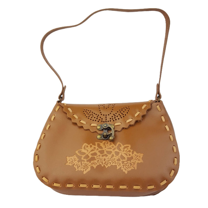 Axesoria West - Genuine Leather Shoulder Handbag with Floral Design full view