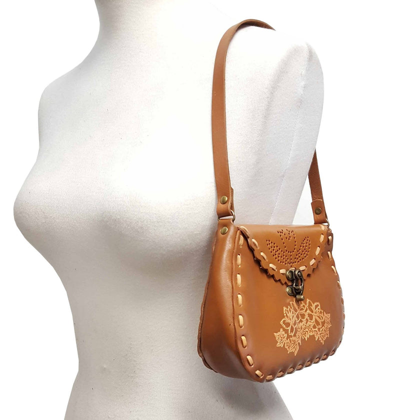 Axesoria West - Genuine Leather Shoulder Handbag with Floral Design shown on model