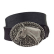 Axesoria West - Genuine Leather belt with Racing Horse Silver finish Buckle Black 