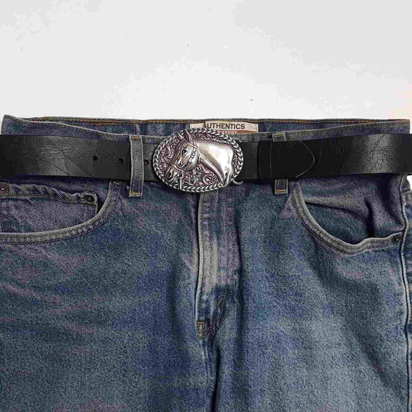 Axesoria West - Genuine Leather belt with Racing Horse Silver finish Buckle black on jeans