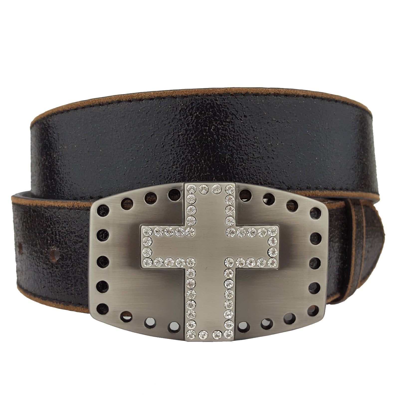 Axesoria West - Vintage Leather belt with Cross Buckle Black