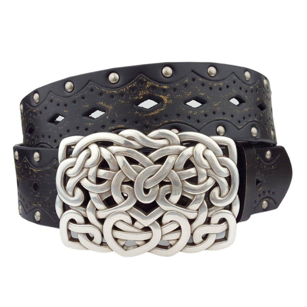 Axesoria West - Western Knotted Heart Buckle on a studded belt Black
