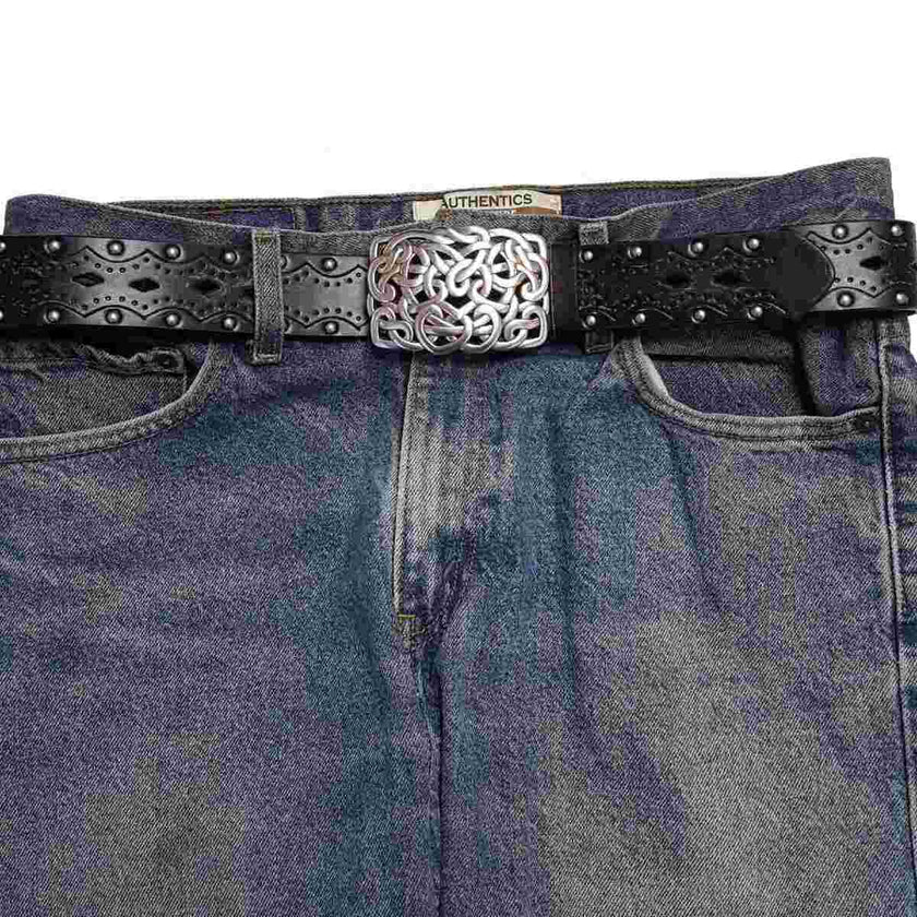 Axesoria West - Western Knotted Heart Buckle on a studded belt Black shown on jeans