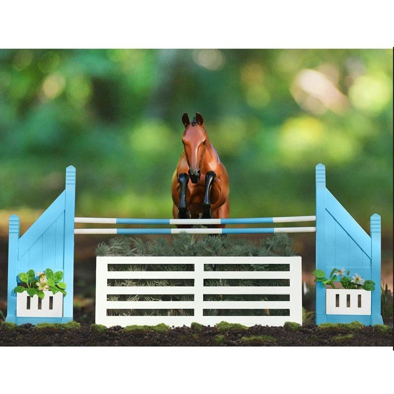 BREYER Turquoise and White Wooden Brush Box Jump view with horse jumping (horse not included).