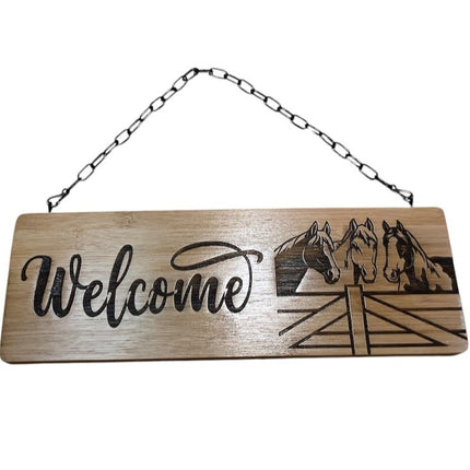 Back Forty Designs Welcome Sign with Horses full view with chain for hanging