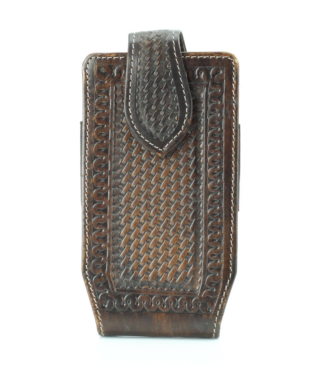 Basket Weave Tooled Leather Phone Case for Belt Brown front view