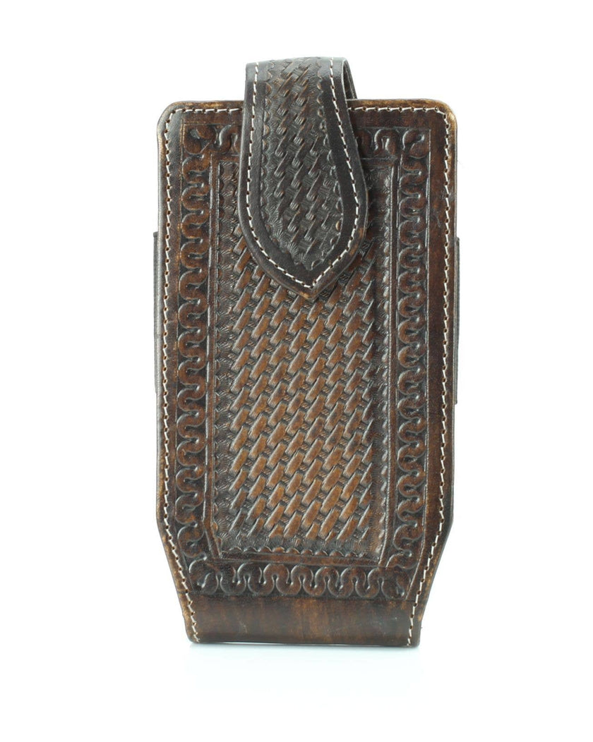 Basket Weave Tooled Leather Phone Case for Belt Brown front view