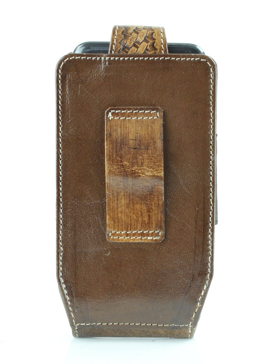 Basket Weave Tooled Leather Phone Case for Belt Brown back view