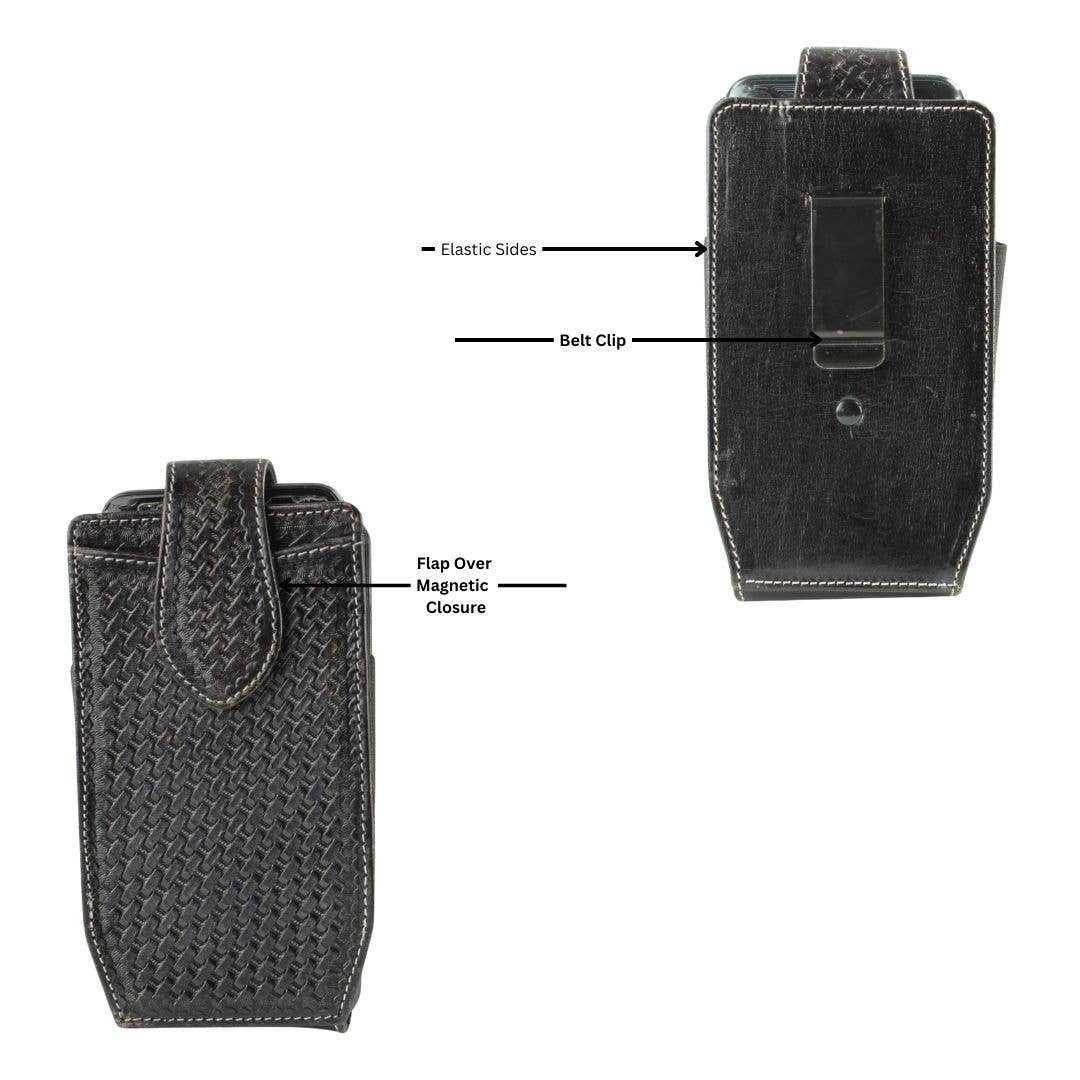 Basket Weave Tooled Leather Phone Case for Belt details of elastic sides, magnetic closure and belt clip 