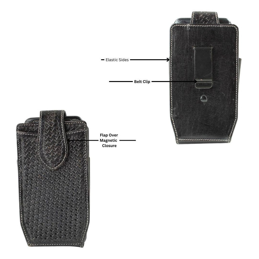 Basket Weave Tooled Leather Phone Case for Belt details of elastic sides, magnetic closure and belt clip 