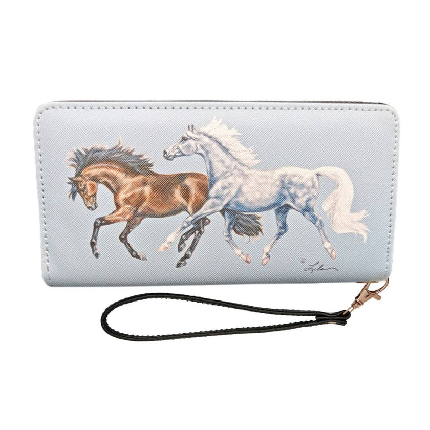 Bay Grey Horse Duo Clutch Wallet - Wallet with horse design on a light blue background