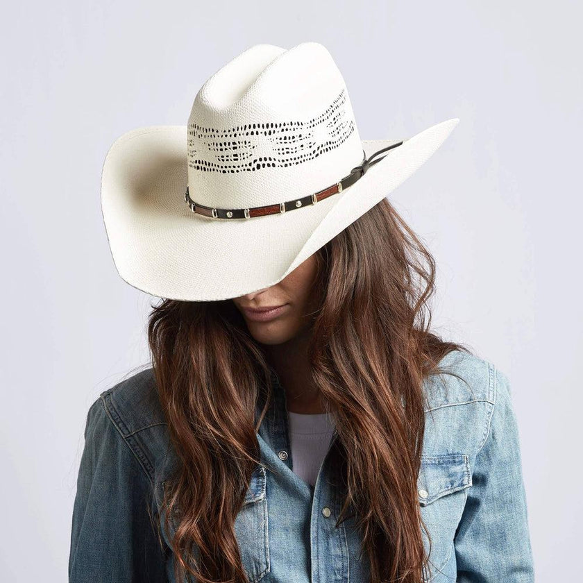 American Hat Makers Billings Montana - Straw Cowboy Hat with Western Hat Band on Female model